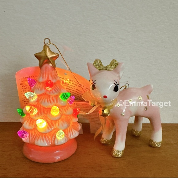 Retro Vintage Inspired LED Christmas Tree and Reindeer Ornament Set Pink - Picture 1 of 6